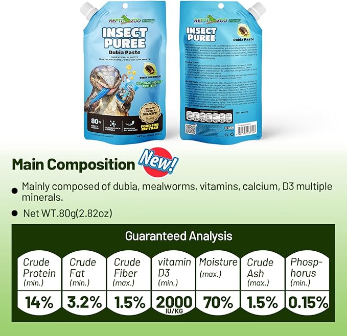 Crested Gecko Food Insect Puree, Dubia Paste Reptile Food Made with Fresh Insects 2.82oz
