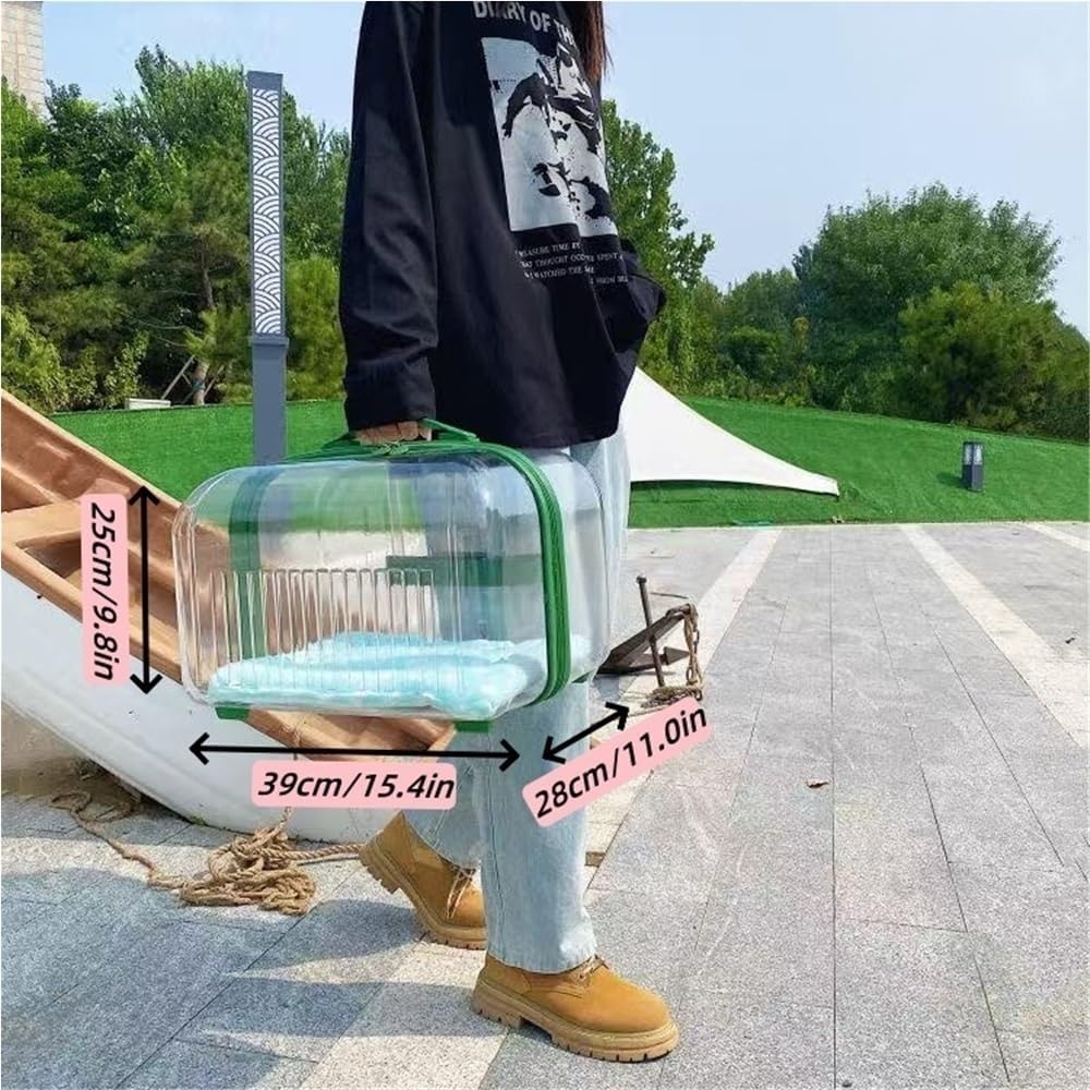 Rolling Pet Trolley Case, Portable Hard Shell Pet Carrier, Clear Plastic Cat Travel Box, Suitable for Cats and Dogs(Green,9.8 * 11.0 * 15.4in)