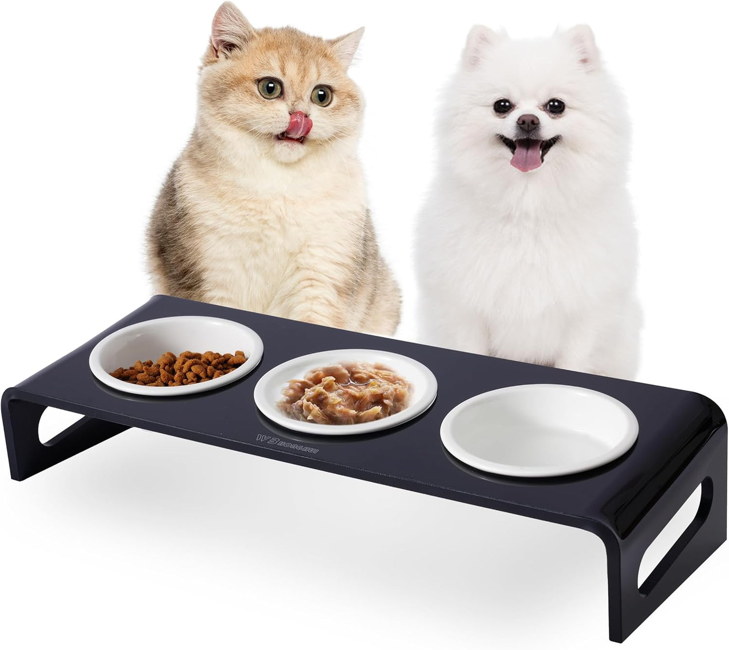 Tilted Raised Elevated Food and Water Bowls Stand for Cat or Small Dogs - Puppy's Clear Acrylic Stainless Steel 3 Dishes Holder for Boy or Girl Pet by WBhonghui (Black-3bowls)