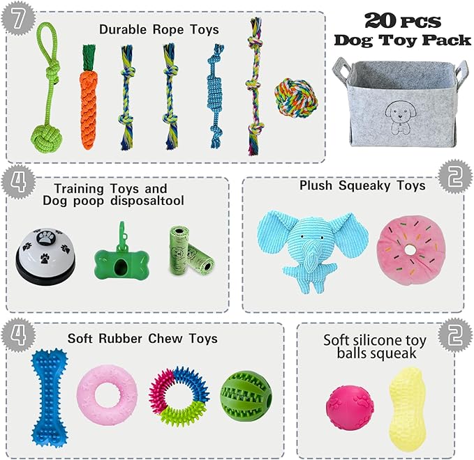 20Pcs Puppy Chew Toys for Teething, Dog Chew Toys with Rope Toys, Pet Dog Toothbrush, Treat Balls, Plush Toys and Squeaky Toy for Small Medium Dogs with Basket (20 Pack Elephant)