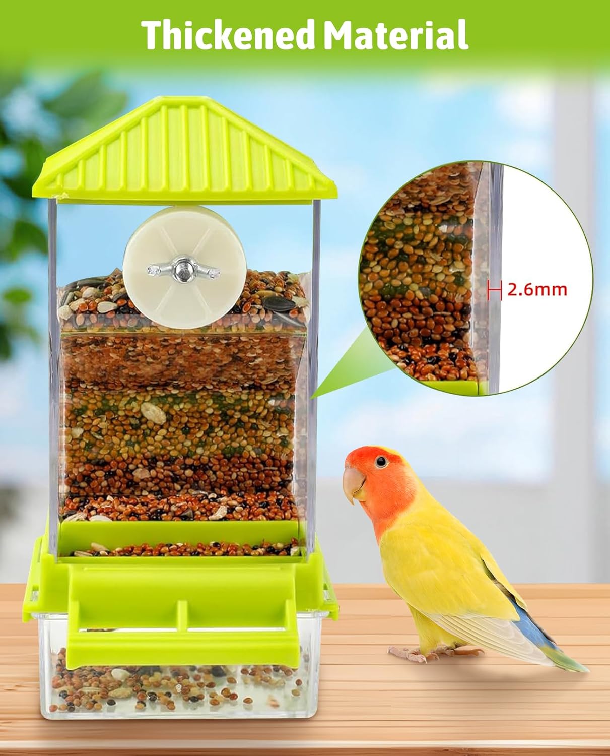 Hamiledyi Automatic Bird Feeder No Mess Bird Cage Feeder Seed Food Container with Perch Transparent Parrot Cage Accessories for Parakeets, Budgies, Cockatoos, Finches, Lovebirds, Canaries (Green)