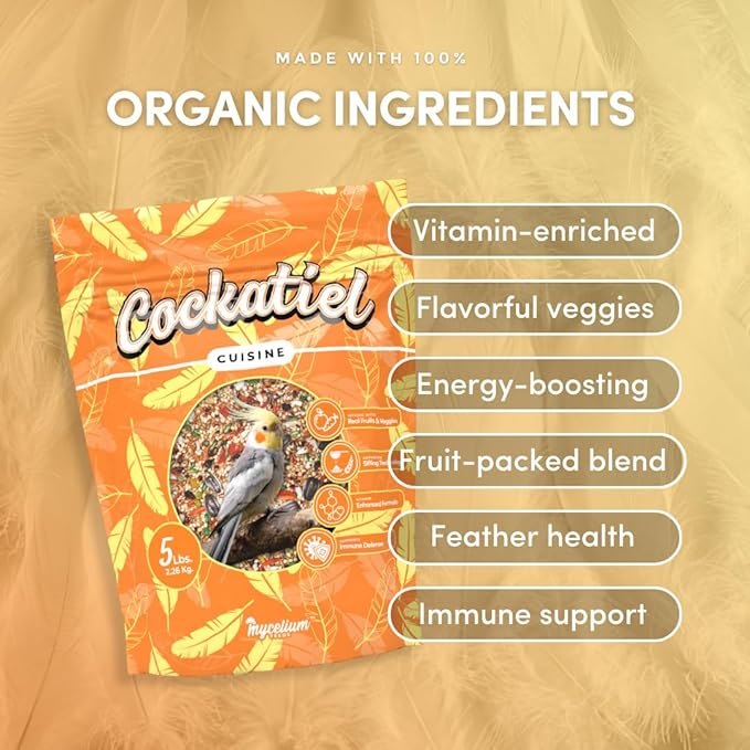 Mycelium Cockatiel Cuisine (5 LB Bag) | Organic Bird Seed w/Fruits, Veggies & Added Vitamins | Immune-Supporting, Nutrient-Rich Daily Blend for Cockatiels | Non-GMO, No Fillers, Made in USA