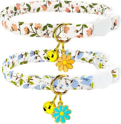 2 Pack Cotton Breakaway Cat Collars Set with Bell and Flower Pendant, Cute Floral Fruit Patterned, Adjustable 7.5-11Inch, Include A Mouse Toy Gift