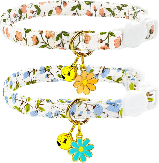 2 Pack Cotton Breakaway Cat Collars Set with Bell and Flower Pendant, Cute Floral Fruit Patterned, Adjustable 7.5-11Inch, Include A Mouse Toy Gift