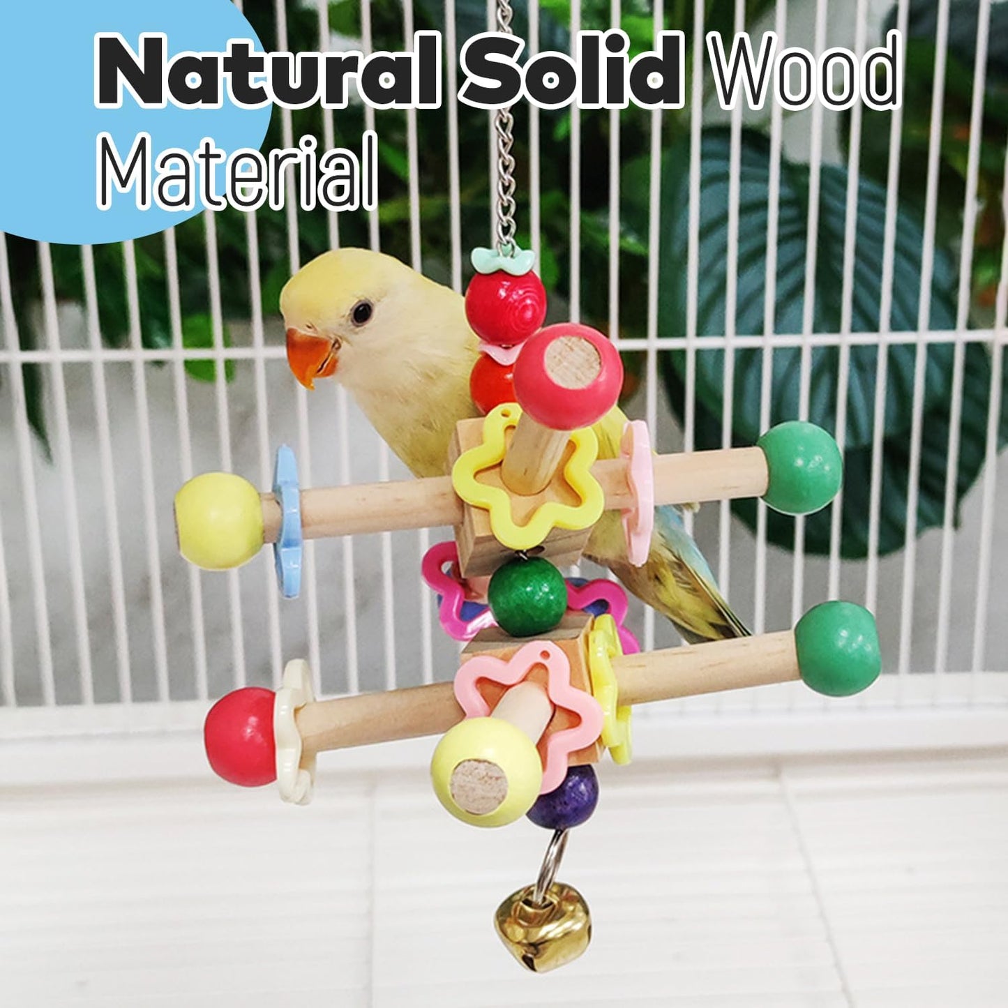 2 Pcs Parakeet Toys, Natural Wood Spinner with Bells, Hanging Cage Accessories for Small Medium Birds to Relieve Boredom and Anxiety
