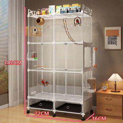 Large Parrot Cage with Acrylic Doors, 4 Casters, Perch & Feeder, Detachable Drawer, Ideal for Cockatiels, Budgies, Conures, Indoor/Outdoor Use – Spacious White Birdcage(White,72 * 36 * 142)