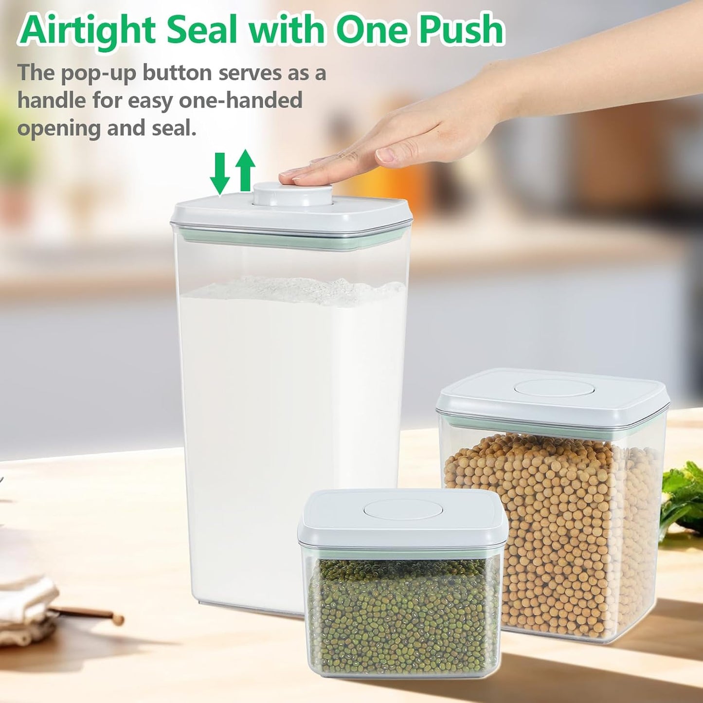 3 Pack Flour and Sugar Storage Containers with Pop-up Lid, 1.26Qt + 2.11Qt + 3.48Qt Food Storage Container for Rice, Spaghetti, Pasta, Nuts, Snack, Candy, Dog Treat, Kitchen Pantry Organization