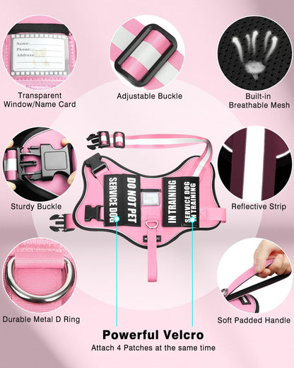 Service Dog Vest Harness and Leash Set+10 Patches for Puppy Small Dogs,Do Not Pet Emotional Support Dog Vest with 2 Soft Padded Handle for Everyday/Training (Pink XS)