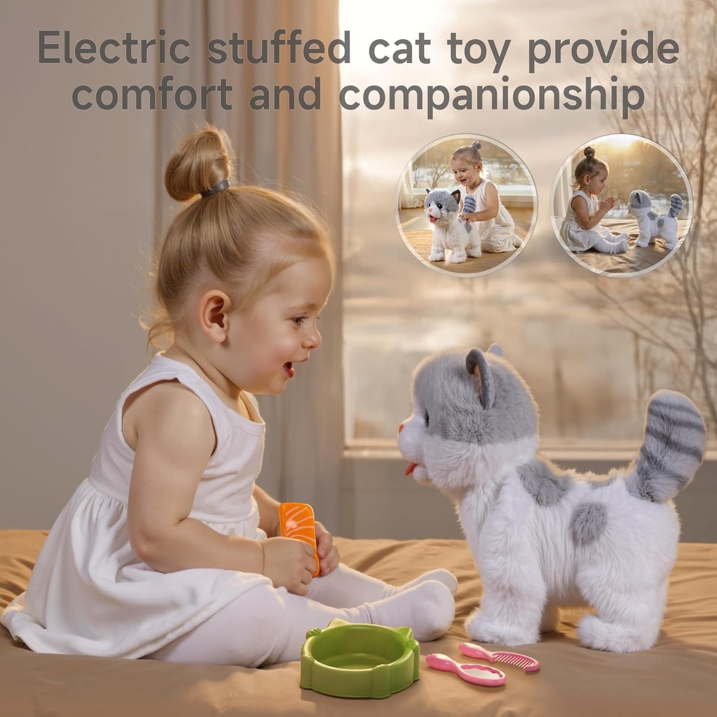 OR OR TU Walking Toy Cat with Remote Control Leash, Plush Cat Electronic Interactive Toys for Kids, Shake Tail, Licking, Pretend Dress Up Realistic Stuffed Animal Cat Age 3 4 5 6+ Years Old Best Gift