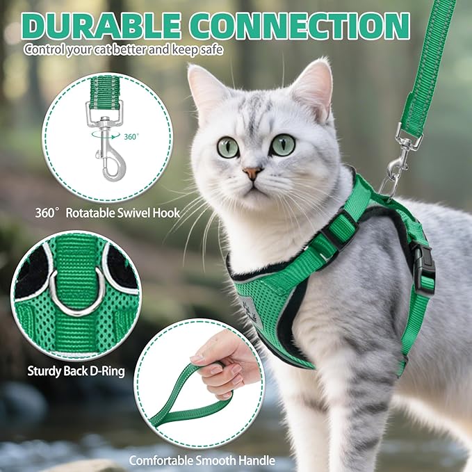 PUPTECK Cat Harness and Leash Set Escape Proof Reflective Cat Walking Harness Adjustable Soft Breathable Mesh Vest for Small Pets, Dark Green, M