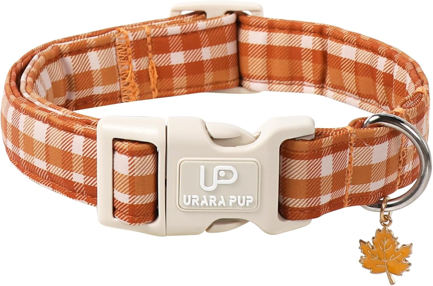 Fall Plaid Dog Collar with Maple Leaf Charm – Adjustable Autumn Checkered Dog Collar for Small Medium Large Dogs, Soft Cotton Puppy Collars with Quick Release Buckle and Metal D-Ring