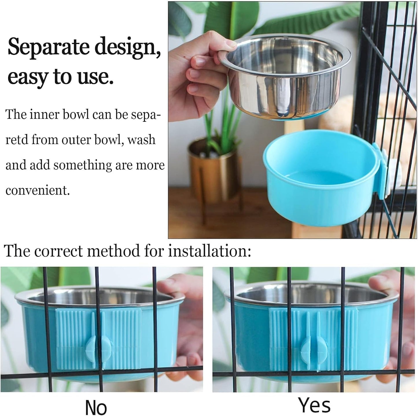 kathson Crate Dog Bowl, Removable Stainless Steel Hanging Pet Cage Bowl Food & Water Feeder Coop Cup for Cat, Puppy, Birds, Rats, Guinea Pigs (2 PCS, Size: M, Green and Pink)