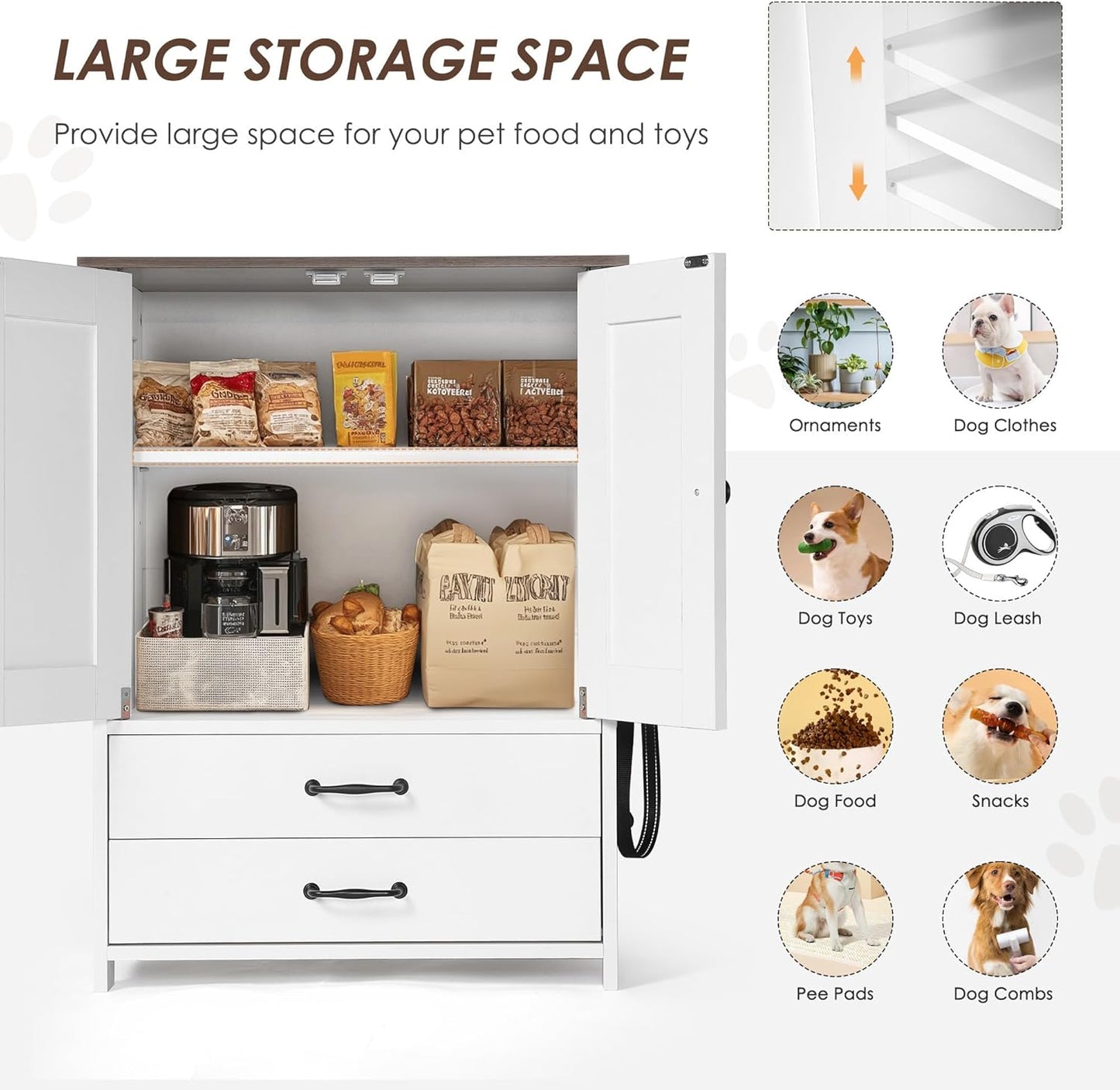 ZMAD Dog Feeding Station with Storage Cabinet and Double Door Locker with 2 Adjustable Dog Bowls, Hidden Pet Feeder Station Wood, Cat Food Storage Cabinet