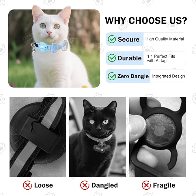 Airtag Cat Collar with Bells and Bowtie -Safety Elastic Band Kitten Collar for Apple Air Tag Holder- Cute GPS Cat Tracker Collars for Girl Boy Cats and Puppies, Adjustable 8"-12" Blue