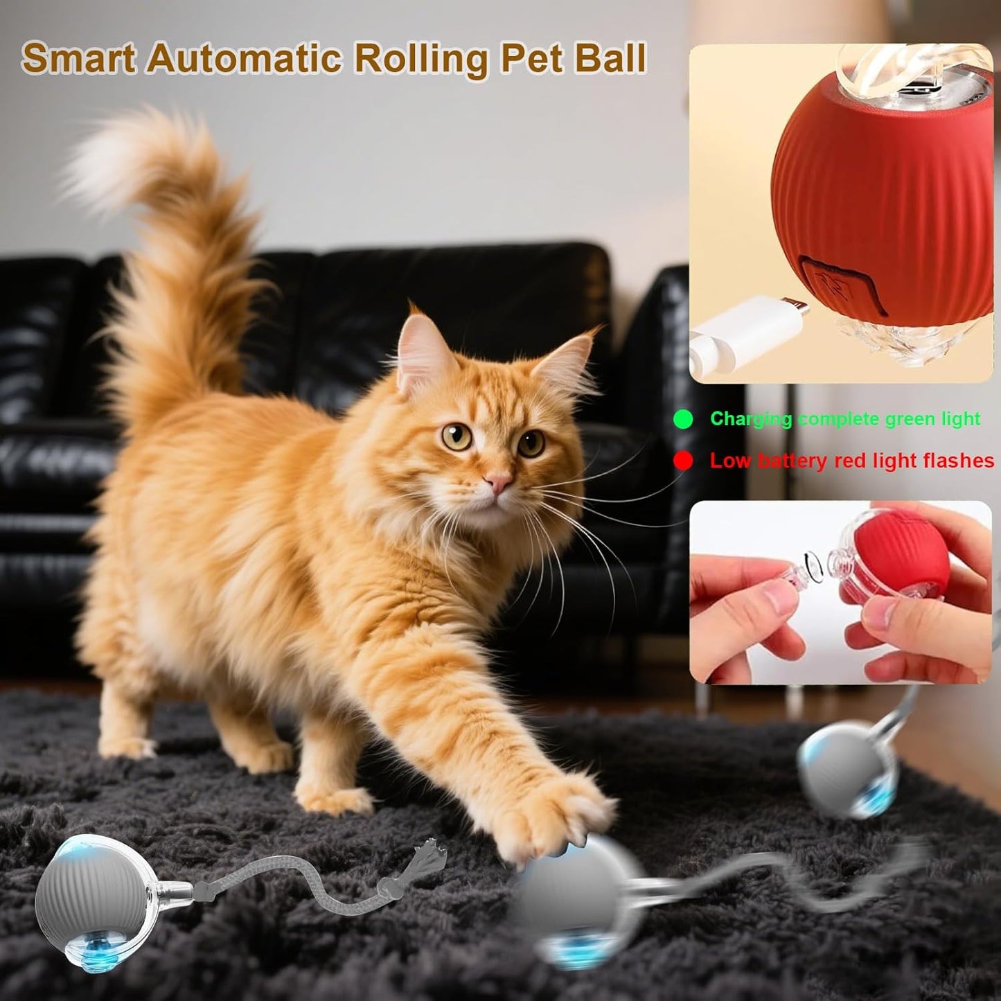 Interactive Cat Toy, 2025 New Interactive Rolling CatsToy Balls 360° Smart Automatic Rolling Pet Ball, Fast Moving Toy for Dog,Cat Ball Toy (Grey)