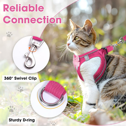 Cat Vest Harness and Leash Set for Walking Escape Proof, Adjustable Kitten Harness Breathable Mesh with Reflective Strips Harness for Kitty Puppy Bunny (Pink,S)