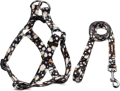 QQPETS Dog Harness Leash Set Adjustable Heavy Duty No Pull Halter Harnesses for Small Medium Large Breed Dogs Back Clip Anti-Twist Perfect for Walking (L(23"-32" Chest Girth), White Daisy)