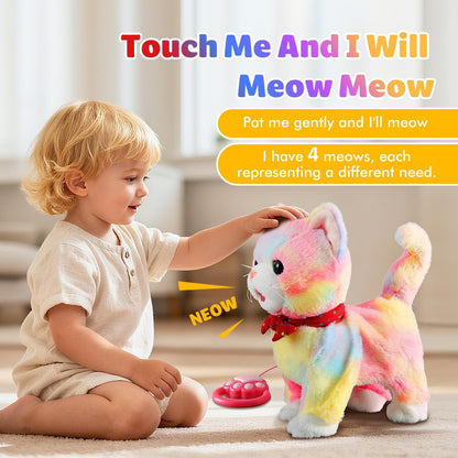 Colorful Leash Walking Cat Set Interactive Talking Cat Singing Dancing Kitten Mimicking Repeat What You Say Kitty Touch and Voice Control Nodding Wagging Tail Plush Electric Kitty for Kid Gril