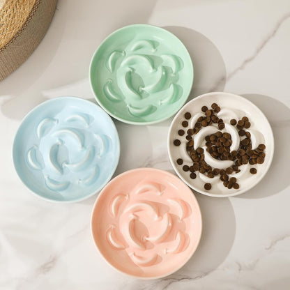 Ceramic Cat Slow Feeder Bowl - Pastel Series Cat Plate for Dry and Wet Food - Cute Maze Feeder Dish for Healthy Eating - Dishwasher Safe - 6.3''W x 1.2''H - 7 OZ - Mint Green