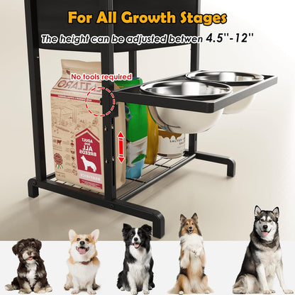Elevated Dog Bowls, Height Adjustable Raised Dog Bowl Stand (3.5'' to 11''), Multifunctional Lifted Bowl Holder with Pet Food Organizer for Large Medium Small Dogs, Black