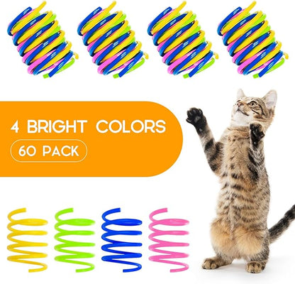 Cat Spring Toy 60 Pack, Plastic Springs Cat Toy Springs for Indoor Cats Kitten Toys for Swatting, Biting, Hunting, Tnteractive (4 Colors)