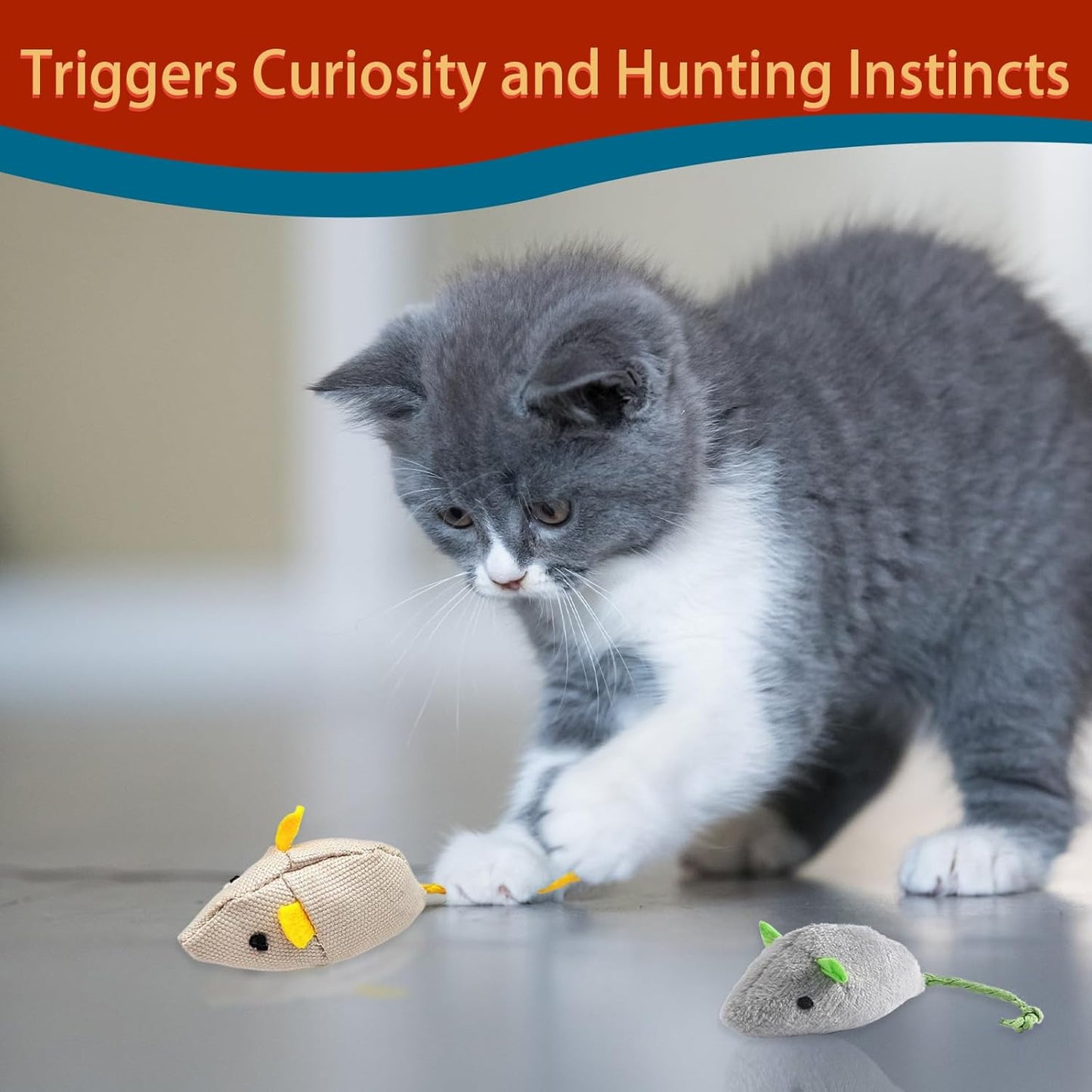 Cat Kicker Toy 6-Pack Organic Catnip Toys for Cats Squeak Mice Set with Rattle Crinkle Sound Soft Teething Chew Interactive Flopping Toys for Indoor Kittens Durable Fish-Shaped Kicker Relieve Boredom