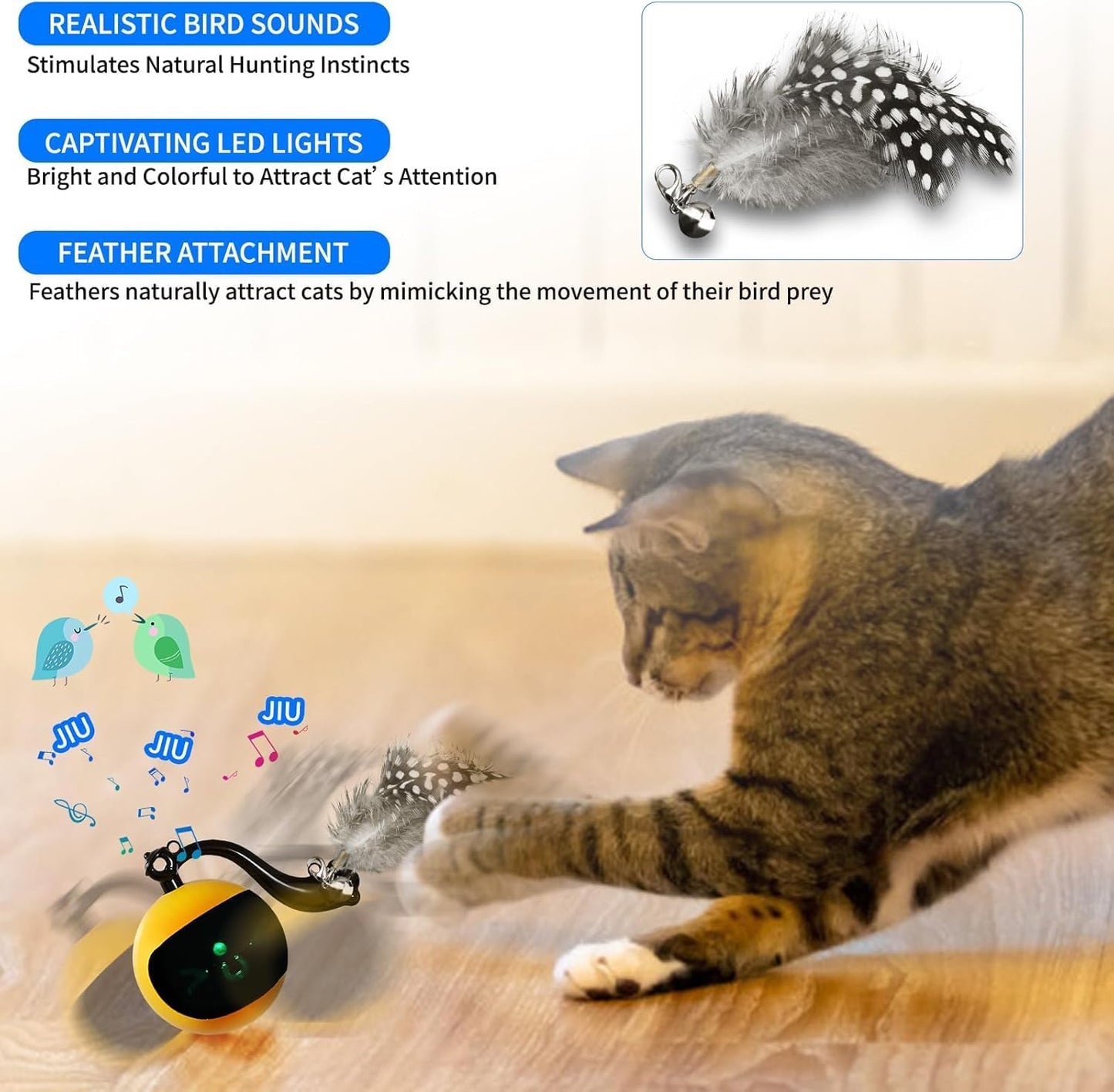 Interactive Cat Ball Toy with Remote Control, Automatic Moving Cat Toys Ball with Feather Tail, Electric Puzzle Toy for Chasing and Hunting (Yellow)