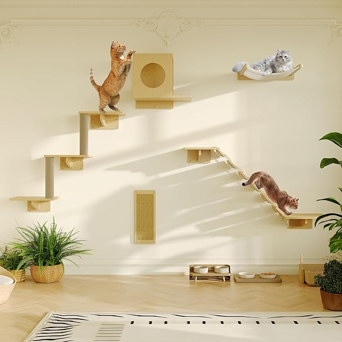 MeowHomm Cat Wall Shelves, Set of 5 Wooden Cat Wall Furniture with Cat Condo, Cat Scratching Post with 3 Steps, Bridge, Cat Hammocks and Scratcher