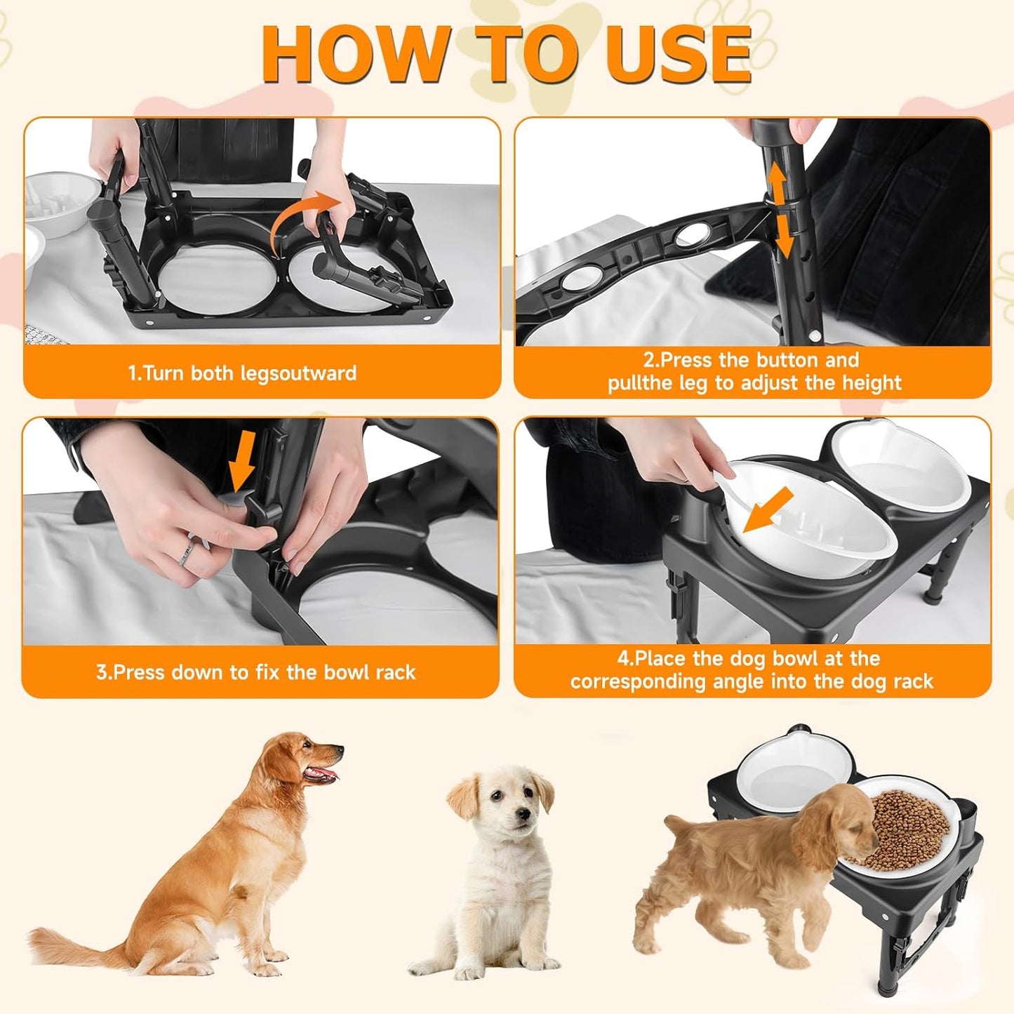 Elevated Dog Bowls Collapsible for Large Size Medium Small Dogs, 2 Raised Dog Bowls for Food Water &1 Slow Feeder Bowl, 5 Heights Adjustable Bowl Stand with Non-Slip Feet