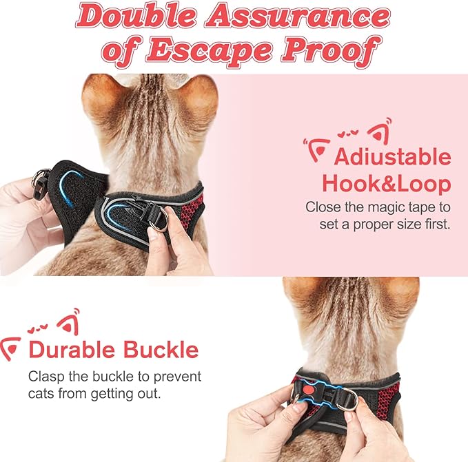 Cat Harness and Leash for Walking Escape Proof, Adjustable Kitten Vest Harness Reflective Soft Mesh Puppy Harness for Outdoor, Comfort Fit, Easy to Control (Red, XXS)