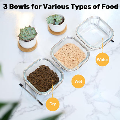 Elevated Cat Bowls, 15° Tilted Glass Raised Cat Food Bowl with Stainless Steel Stand, 3 Glass Cat Bowls and 4 Anti Slip Feet, Suitable for Cats and Little Dogs
