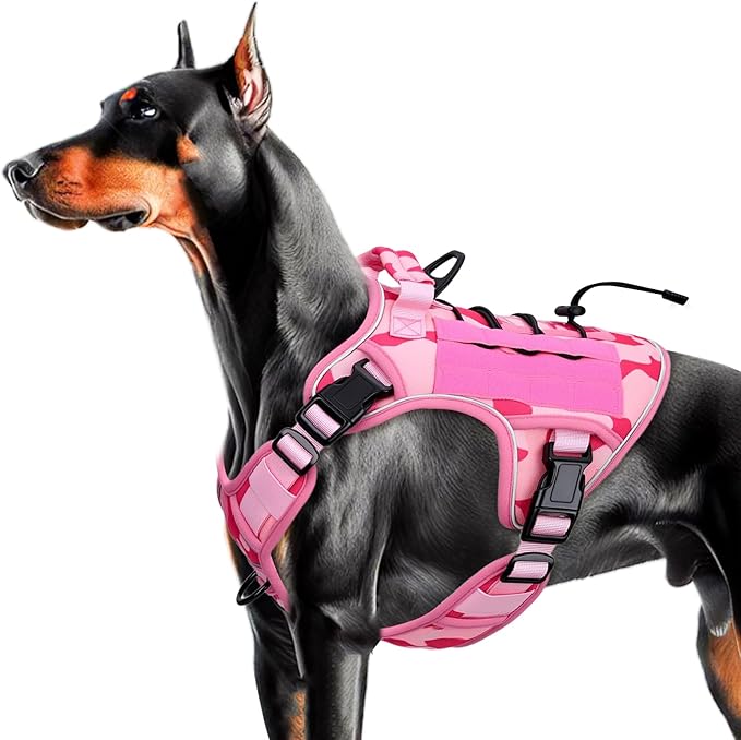 Heavy-Duty Tactical Dog Harness for Large Dogs, No Pull Adjustable Reflective Pet Vest with Molle System, K9 Military-Grade Control for Service Training, Outdoor & 10+ Breeds, Pink Camo, Large