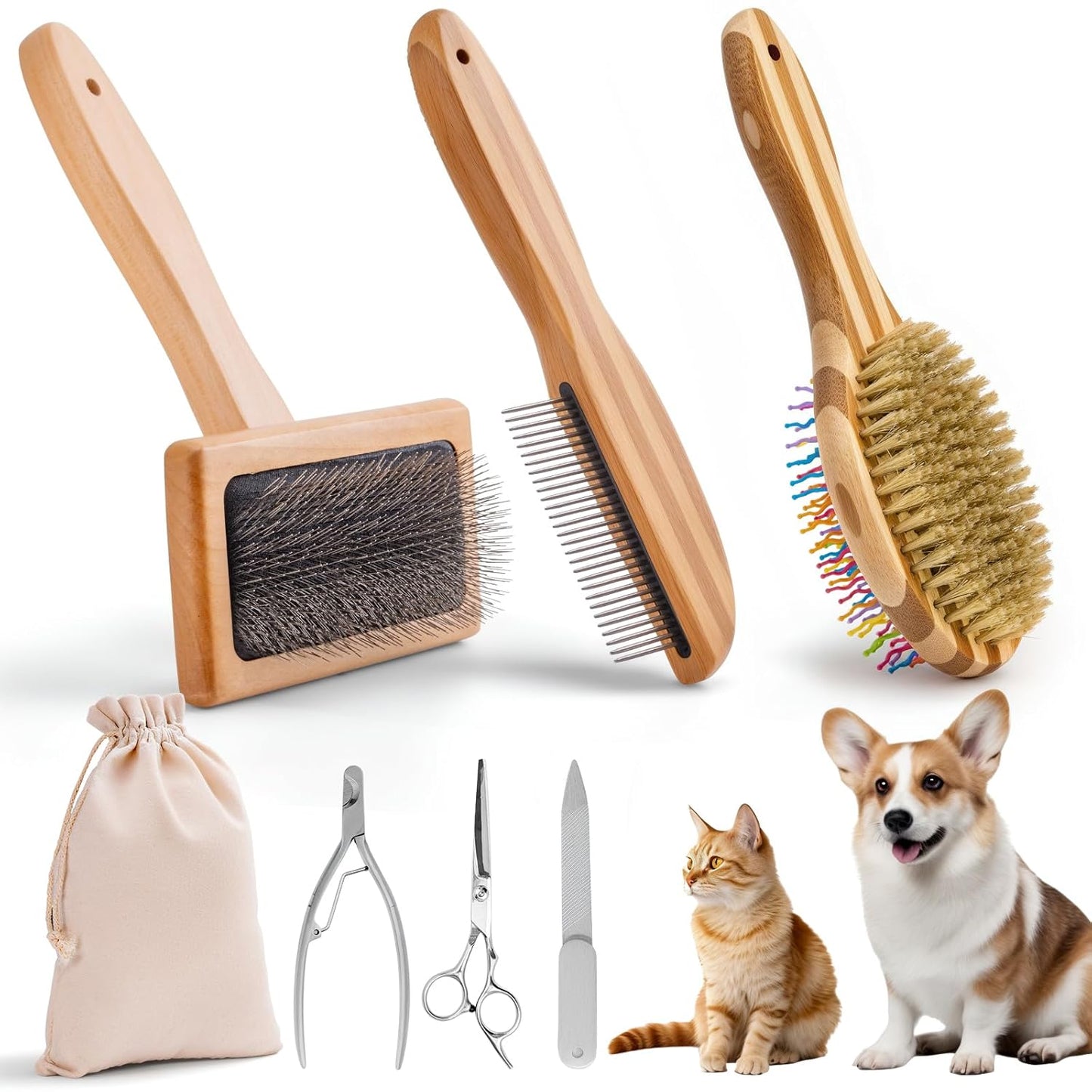 Dog Grooming Brush Kit,Deshedding Dog Brush for Shedding Short Hair Dogs with Pet Nail Clipper and File, Two Sided Pet Brushes for Dogs Removing Dirt & Loose Hair(7PCS) RAINBOW