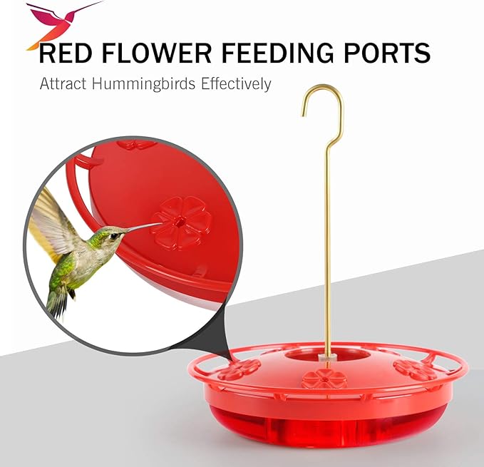 eWonLife Hummingbird Feeder for Outdoors, 2 Pack, Leak-Proof, Easy to Clean and Refill, Saucer Humming Bird Feeder Plastic, Including Hanging Hook, with 5 Feeding Ports (16 Ounce/Pack)