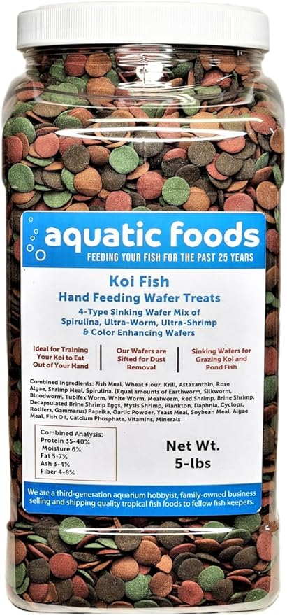 Aquatic Foods Inc. Koi Fish, Hand Feeding 12mm - 1/2" 4-Type Sinking Wafer Treats, Teach Your Koi to Eat Out of Your Hands…5-lb Lg Jar