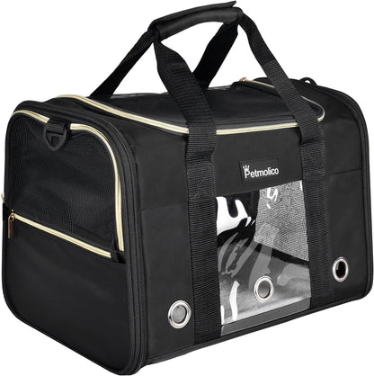 Petmolico Cat Carrier Soft-Sided Pet Bag for Small Medium Cats Puppies 16LBs - Airline Approved Pet Travel Carrier 3 Open Doors (Medium,Black)