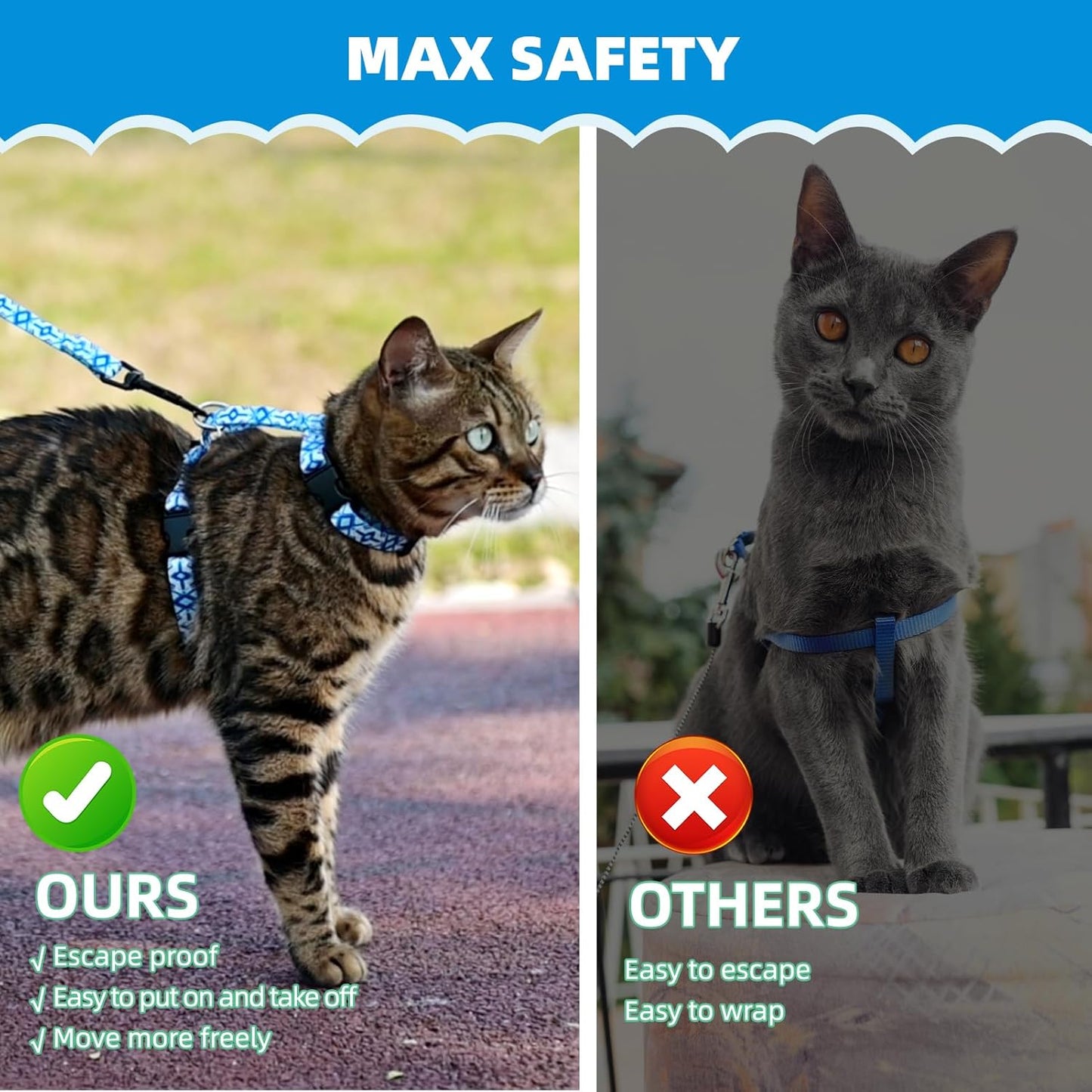 PAWCHIE Cat Harness and Leash Set, Cats Escape Proof-Adjustable Kitten Harness Lightweight Soft Outdoor Walking Travel Pet Safe Harness, Puppy Harness for Girl Cats Bunny Rabbit Small Dog, Blue S