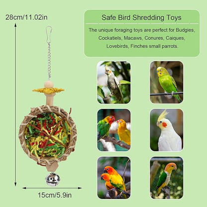 Hypeety Bird Foraging Toys Natural Seagrass Woven Basket Parrot Foraging Chewing Toy with Bell Colourful Parakeet Hanging Toys for Cockatiel Sun Parakeet Budgie Lovebirds (1 pc Woven Basket)