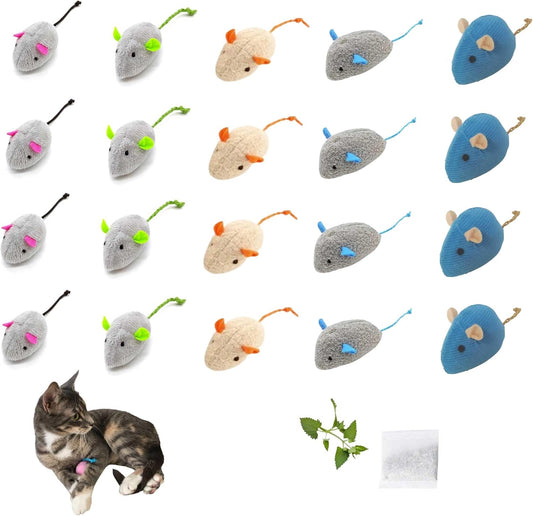 Cat Toys Mice for Bored Indoor Cats, 20 Pack Plush Mice with Catnip Smell and Bonus Pouch, Interactive Mouse Toy for Adult and Kitten (20 Pack Catnip Toys (5 Colors, 4 of Each Color))