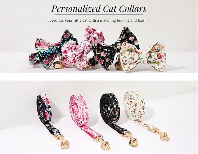 Personalized Cat Collar with Engraved Name and Phone Number - Customizable Kitten Collars for Girls (Floral Collar)