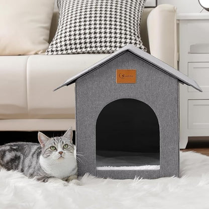 Outdoor Cat House, Cat Shelter Feral Pet Outside Waterproof Cat House for Outdoor/Indoor Cats, Insulated Cat Bed for All Seasons with Cozy Cushion, Easy to Assemble, Grey