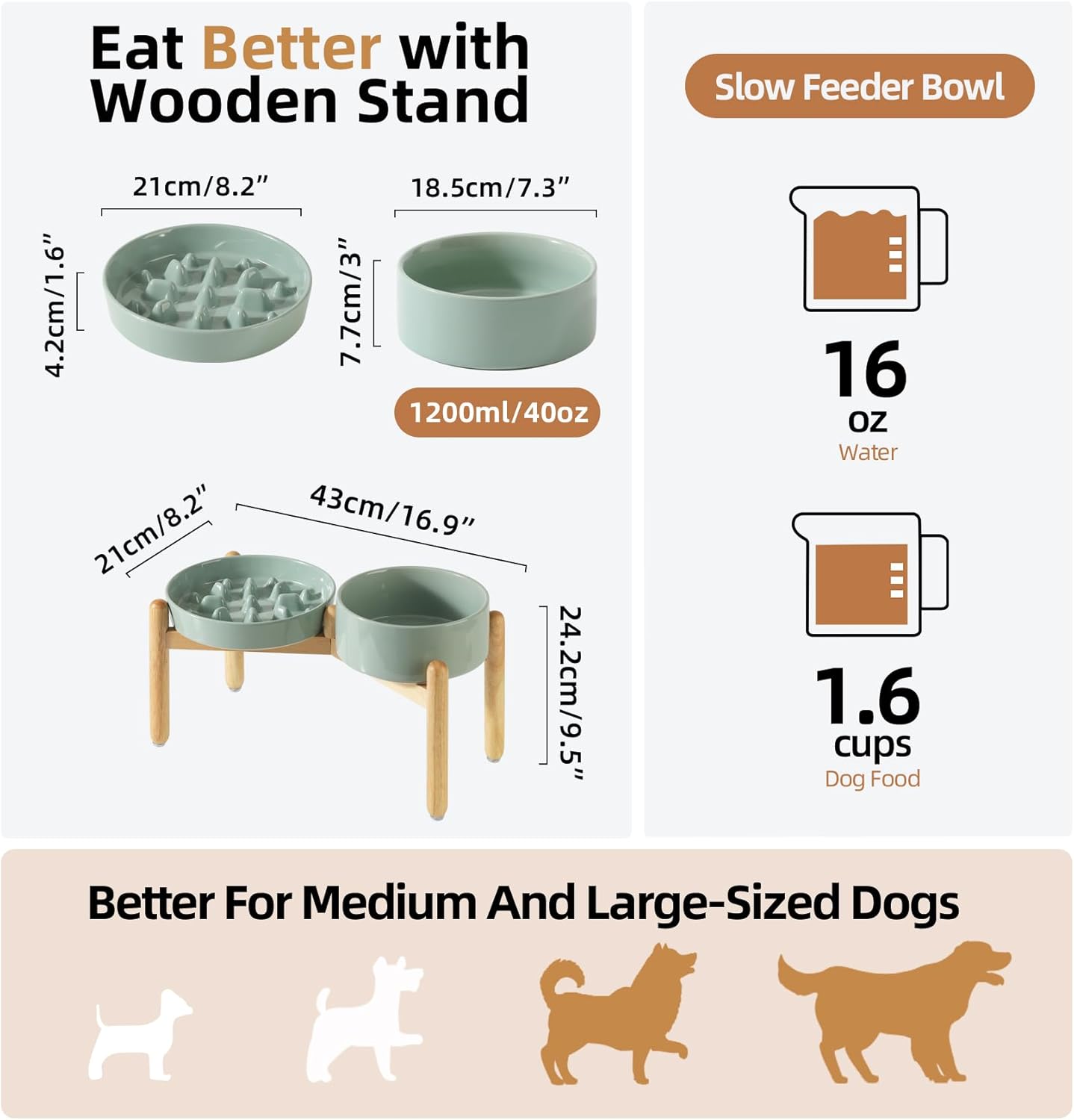 Ceramic Raised Slow Feeder Dog Bowl Set, Elevated 7.3inch Bowl and 8.2inch Slow Pet Food Dish with Wooden Stand for Medium and Large Dog (2 x Light Green+ Stand)