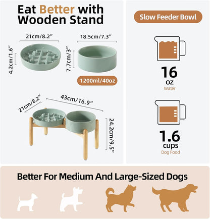 Ceramic Raised Slow Feeder Dog Bowl Set, Elevated 7.3inch Bowl and 8.2inch Slow Pet Food Dish with Wooden Stand for Medium and Large Dog (2 x Light Green+ Stand)