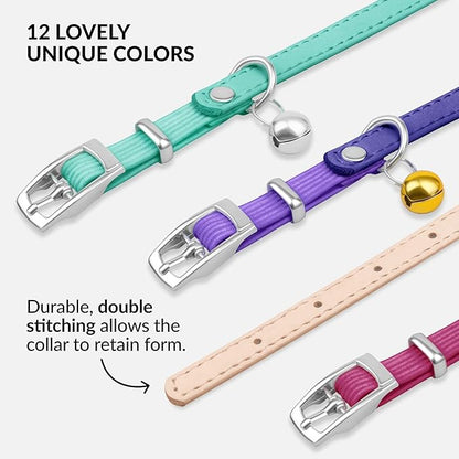 CollarDirect Leather Cat Collar with Bell - Kitten Small and Big Cat Collar for Boy Cats, Girl Cats with Safety Elastic Strap (Neck Fit 6"-7", Beige)