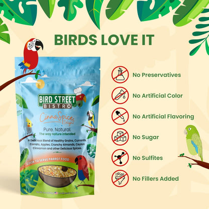 Bird Street Bistro Parrot Food for Parakeets & Cockatiels - CinnaSpice - 24 oz - Cooks in 3-15 min, Natural & Organic Grains, Fruits & Vegetables - USA Made