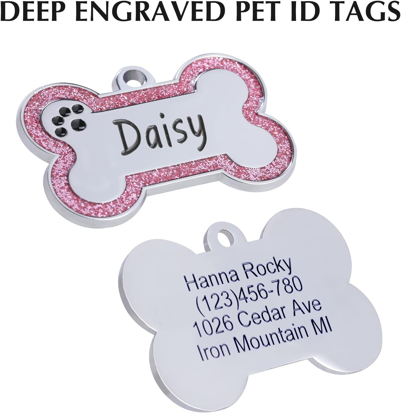 Personalized Stainless Steel Pet ID Tags with Glittery Bone Design - DEEP Engraved Dog Tags Engraved for Pets Customized with 5 Lines Dogs and Cats Pets