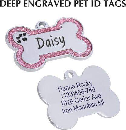 Personalized Stainless Steel Pet ID Tags with Glittery Bone Design - DEEP Engraved Dog Tags Engraved for Pets Customized with 5 Lines Dogs and Cats Pets