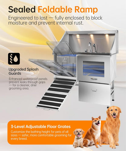 POLIMO Dog Washing Station, LED Professional Stainless Steel Dog Bathing Station 38", Dog Grooming Tub for Large, Medium & Small Dog - with Window, Ramp, Drawer, Floor Grate & Faucet (Left Ramp, 38")