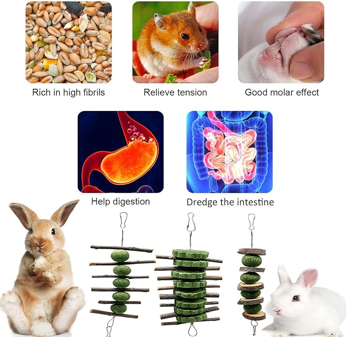 3 Pcs Bunny Teeth Grinding Chew Toys, Apple Branch Chewing Sticks with Grass Ball and Grass Cake for Rabbits Bunnies Hamsters Guinea Pigs