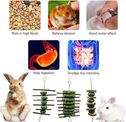 3 Pcs Bunny Teeth Grinding Chew Toys, Apple Branch Chewing Sticks with Grass Ball and Grass Cake for Rabbits Bunnies Hamsters Guinea Pigs